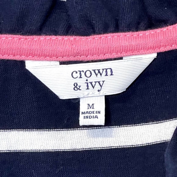 Crown & Ivy Ruffle V-Neck Navy Striped Sleeveless Dress Casual Career Job Medium - Picture 6 of 8